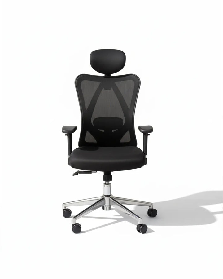 Black office chair with headrest on a white background